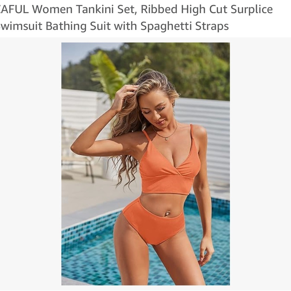 Orange Ribbed Tankini Set with Spaghetti Straps